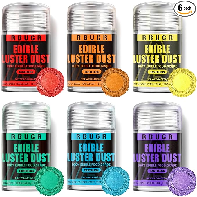 RBUGR Edible Glitter Set, 6 Colors Edible Luster Dust, Food Grade Drink Glitter Edible Dust, Sprinkles Cocktail Glitter, Shimmering Powder Glitter for Fondant, Candy, Vegan Cake Decorating（4g/0.14oz）
