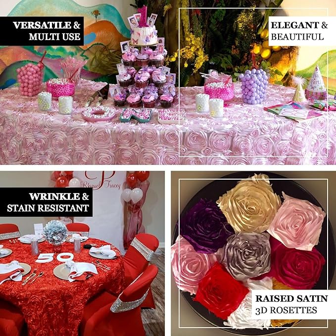 Efavormart 132" Wholesale Round Table Cover RED Grandiose Rosette 3D Satin Tablecloth for Wedding Party Event Decoration