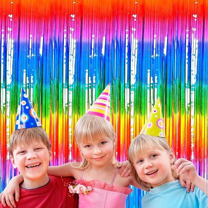 4 Pack Macaron Dark Rainbow Foil Fringe Curtain Backdrop, 3.28Ft x 8.2Ft Colorful Streamers Curtains for Party, Photo Booth Props, Birthday, 2022 Mother's Day Decoration Supplies