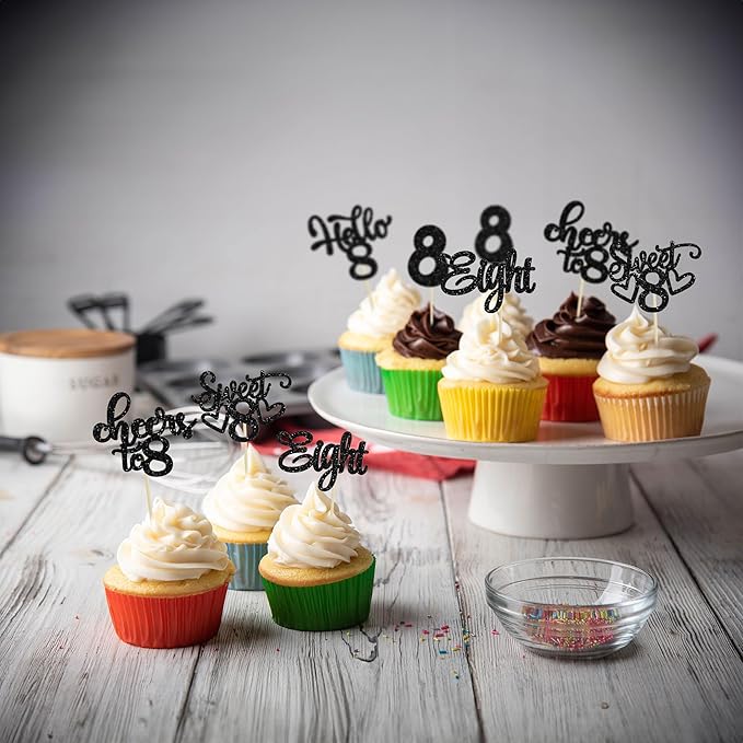 30Pcs 8th Birthday Cupcake Toppers Glitter Eight Hello 8 Cupcake Picks Cheers to 8 Years Old Cake Decorations for 8th Birthday Party Supplies Black