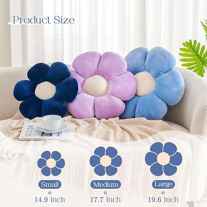 Dusty Blue Flower Pillow, 19.6" Cute Flower Shaped Floor Pillow, Aesthetic Floral Plush Daisy Decorative Throw Pillows for Bed Sofa Couch