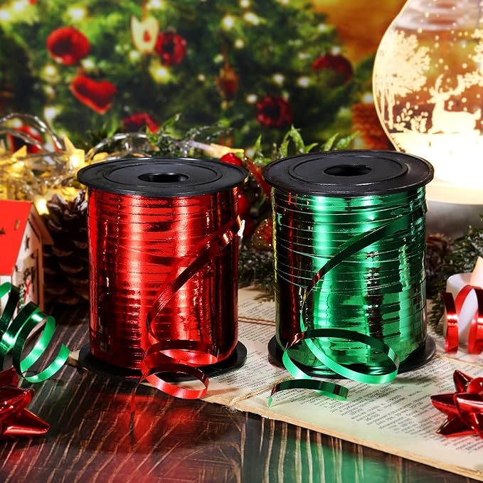 880 Yards Christmas Curling Ribbon Metallic Gold Silver Red Green Shiny Cibbon Set Balloon String Metal Curly Ribbon for Christmas Gift Wrap Craft Holiday Decoration