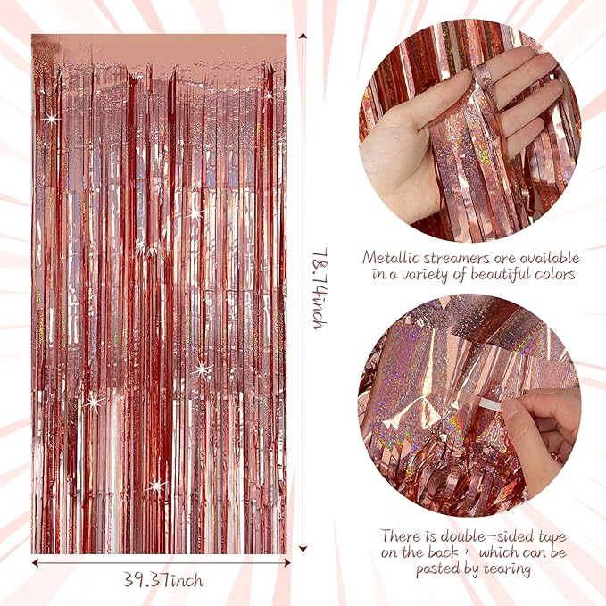 Tinsel Curtain Party Backdrop Rose Gold Birthday Decorations 2 Packs Glitter Foil Fringe Curtain Party Decor Streamers Photo Booth for Birthday Christmas Wedding Halloween Graduation Decorations