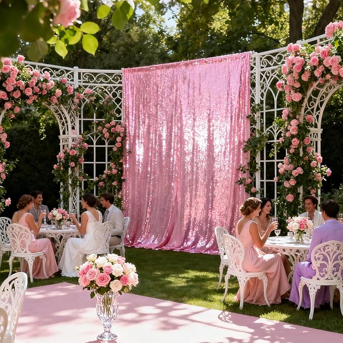 VOK Pink Sequin Backdrop Curtains 2 Panels 2FTx8FT Glitter Photography Background for Wedding Birthday Christmas Party Decorations