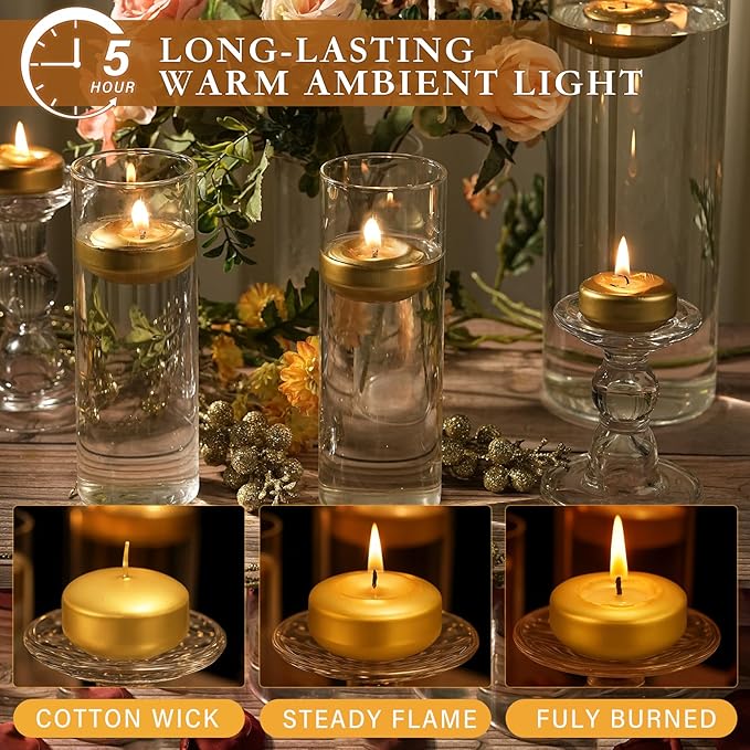 2 inch Gold Floating Candles, 48 Pack Unscented Floating Candles for Centerpieces,5-6 Hours Water Activated Candle Bulk for Cylinder Vases Wedding Pool