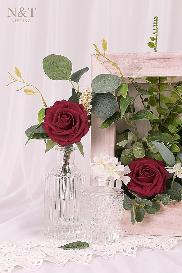 N&T NIETING Artificial Flowers - Fake Flowers Dark Red Roses Perfect DIY Wedding Bouquets Centerpieces Bridal Shower Party Home Flower Arrangement Decorations, 50Pcs