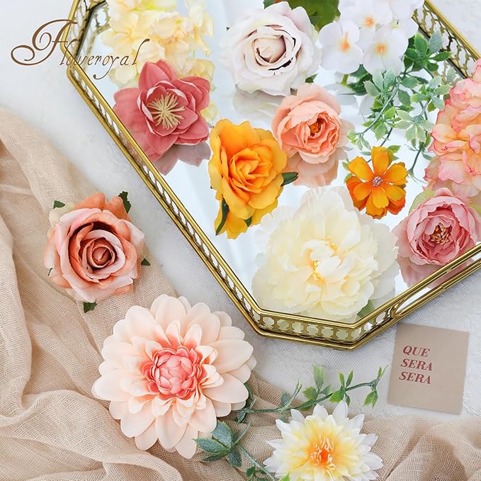 Floweroyal Artificial Flowers Combo Champagne Flowers Mix Silk Flowers Dahlia Roses with Stems for DIY Wedding Bridal Bouquets, Baby Shower, Floral Arrangement, Table Centerpieces, Home Decorations.