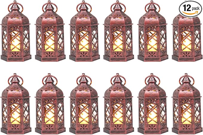 12PCS Mini Lantern with Flicker LED Candle for Halloween Decorations, Small Lanterns Decorative, Vintage Hanging Moroccan Lantern for Wedding Halloween Christmas Decor, Table Centerpiece, Rose Gold