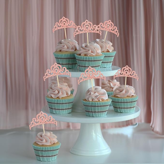 Gyufise 24Pcs Rose Gold Princess Crown Cupcake Toppers Glitter Princess Cake Pick Decorations for Wedding Girl Birthday Baby Shower Party Decorations