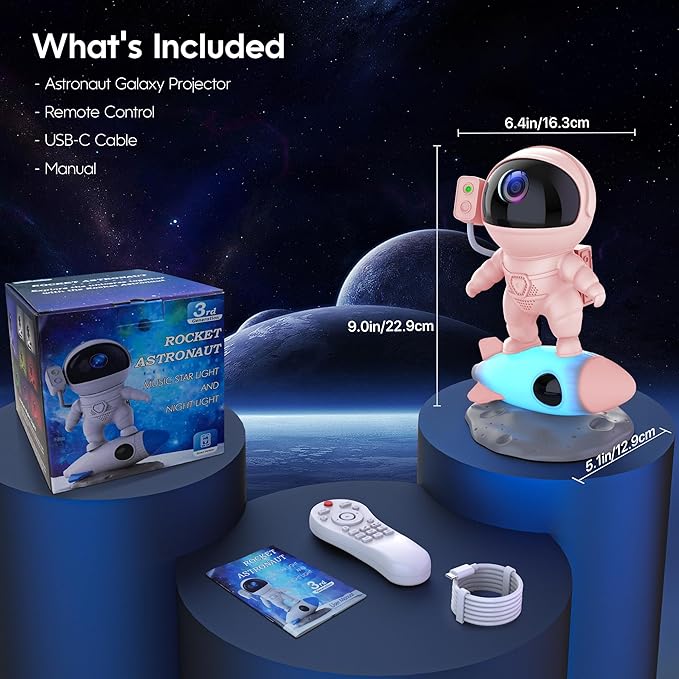 FlyEagle Astronaut Galaxy Projector, Star Nebula Projector with Rocket Lamp, Night Lights LED Star Projector for Bedroom, Remote Control, White Noises, Bluetooth Speaker for Bedroom, BL-HJ07