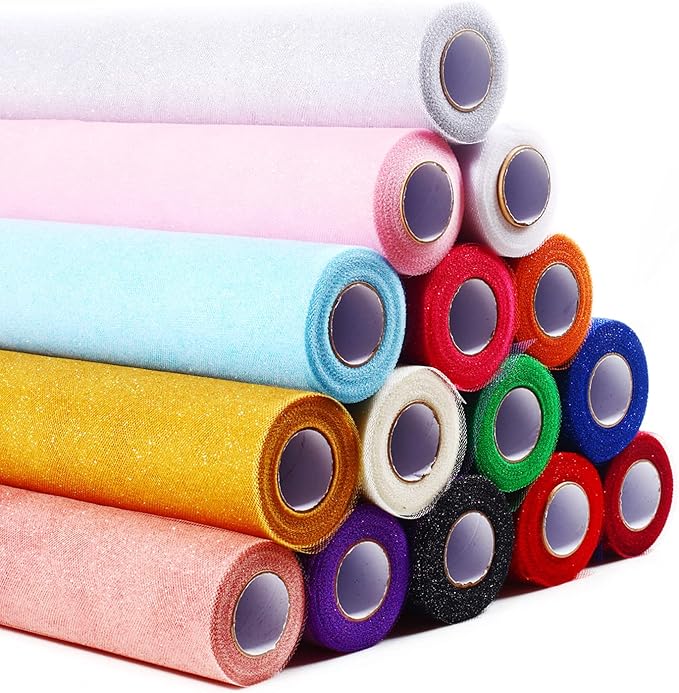 Sparkling Tulle Rolls, 15” by 30 Yards (90FT) Glitter Tulle Spool Ribbon Fabric for Wedding Birthday Bridal Shower Tutu Skirt Party Gift Wrapping(Purple)