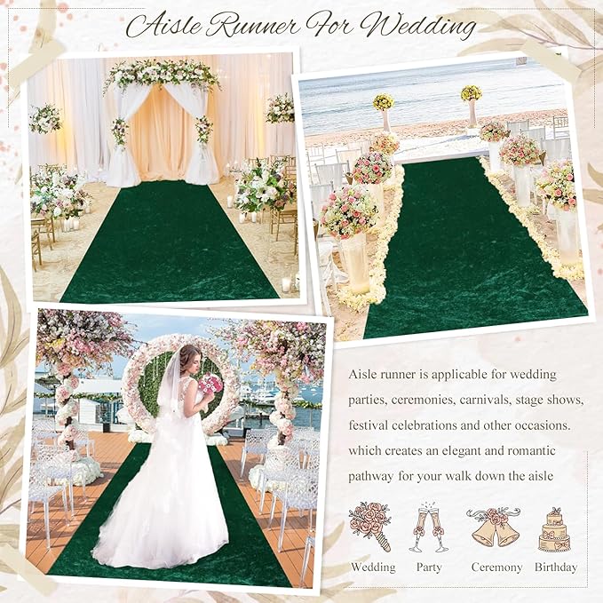 MODFUNS Wedding Aisle Runners Dark Green Aisle Runner 4FTx25FT Velvet Carpet Runner for Party Wedding Walkway Rug with Carpet Tapes Vintage Outdoor Beach Prom Reception Carpet