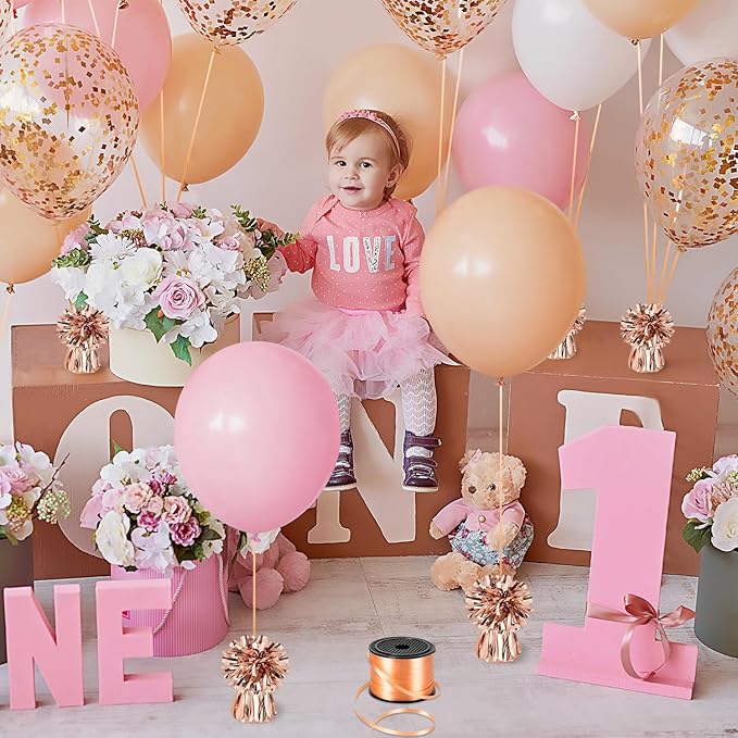 24 PCS Balloon Weights Metallic Anchor, Balloon Holder Heavy Weights with 1 Roll Rose Gold Crimped Ribbon for Balloons Table Party Favor Birthday Decor(Rose Gold)