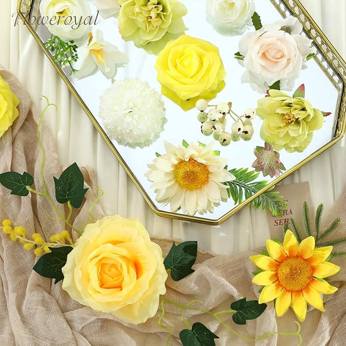 Floweroyal Artificial Flowers Combo Yellow Flowers Mix Silk Flowers Fake Roses with Stems for DIY Wedding Bridal Bouquets, Baby Shower, Floral Arrangement, Table Centerpieces, Home Decorations