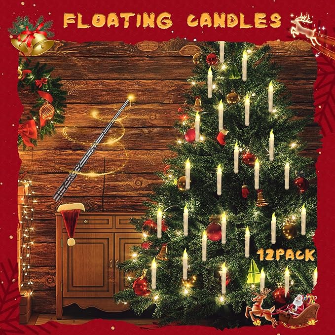 Floating Candles with Wand Remote, Magic Floating Halloween Candles, Flameless LED Flickering Witch Decor Hanging Candles for Halloween Christmas Birthday Party Room Ceiling Decorations, Pack of 12