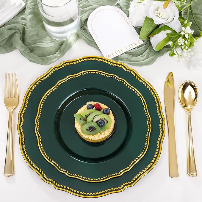 Hioasis 60pcs Green Plastic Plates - Green and Gold Disposable Dinnerware with Gold Rim, Heavy-duty, 7.5 inch, Dessert Plates for Party & Wedding