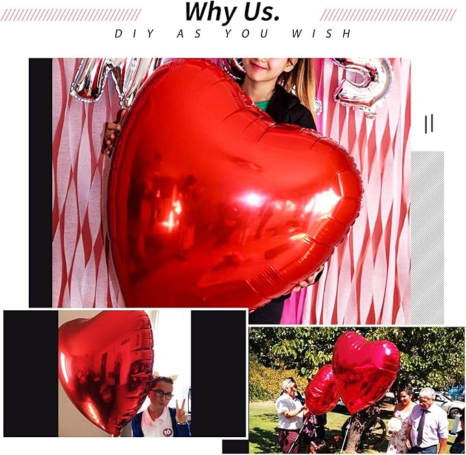 [4 Pcs] 32" Big Red Heart Foil Balloons, Big Giant Jumbo Heart Shaped Mylar Aluminium Decoration for Girl Valentine's Day Surprise Birthday Wedding
