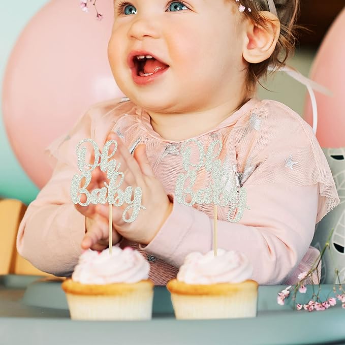 Gyufise 36 Pack Oh Baby Cupcake Toppers Silver Glitter Baby Shower Cupcake Picks Boys Girls Birthday Party Cake Decorations