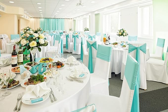 100 PCS Satin Chair Sashes Decorative Bow Chair Sashes Ties Back Ribbon Bow Chairs Cover Band for Wedding Birthday Party Ceremony Reception Event Banquet Hotel Home Kitchen Fall Decor(7 x108inch,Aqua)