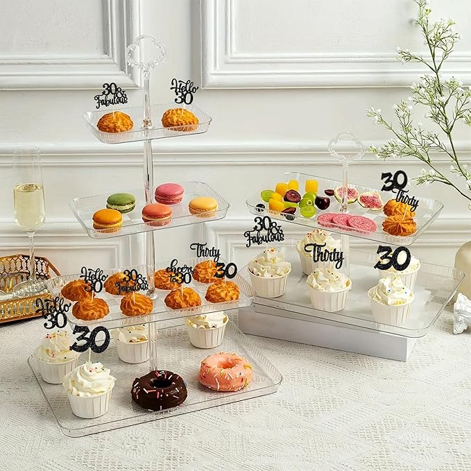 30Pcs Happy 30th Birthday Cupcake Toppers Black Glitter Thirty Cheers to 30 Birthday Cupcake Picks for Happy 30th Birthday Anniversary Party Cake Decorations Supplies