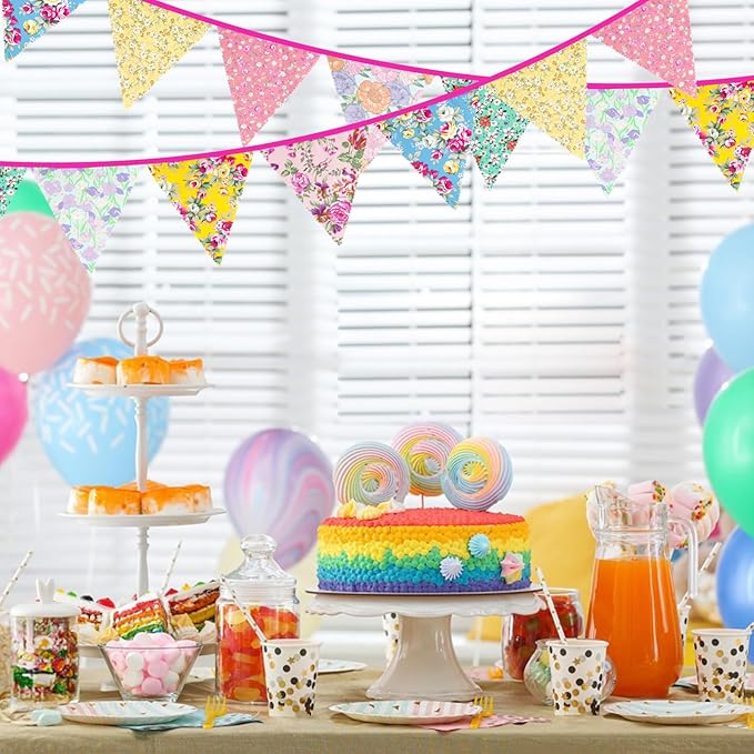 jijAcraft 39Ft Triangle Bunting Banner, 42Pcs Tea Floral Party Bunting Cotton Fabric Flags Pennant Garlands for Birthday Party, Wedding, Baby Shower, Outdoor and Home Decorations (Yellow)