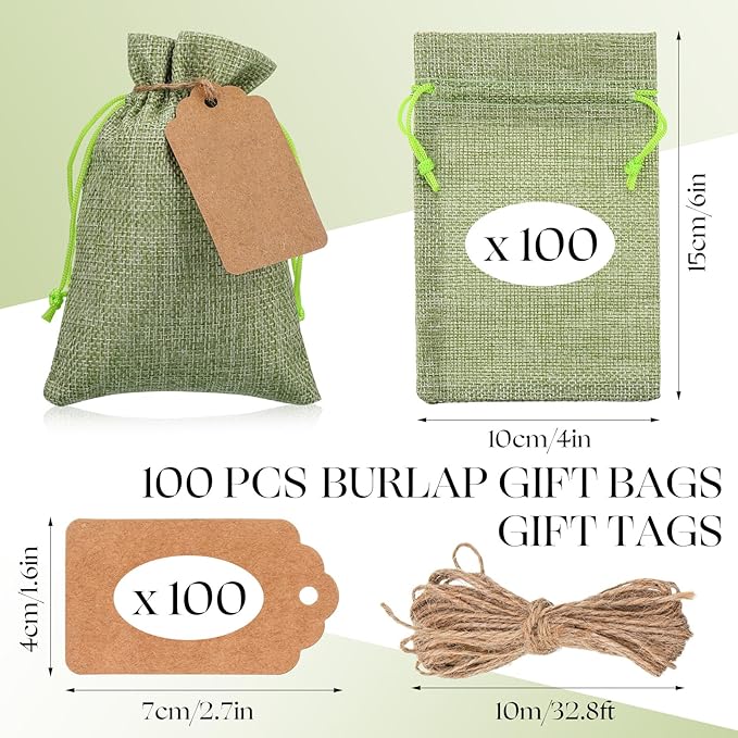 Woanger 100 Pcs Burlap Gift Bags with 100 Pcs Kraft Paper Gift Tags with Drawstring Favor Bulk Burlap Sack Bags for DIY Wedding Party Craft(4 x 6 Inch,Sage Green)