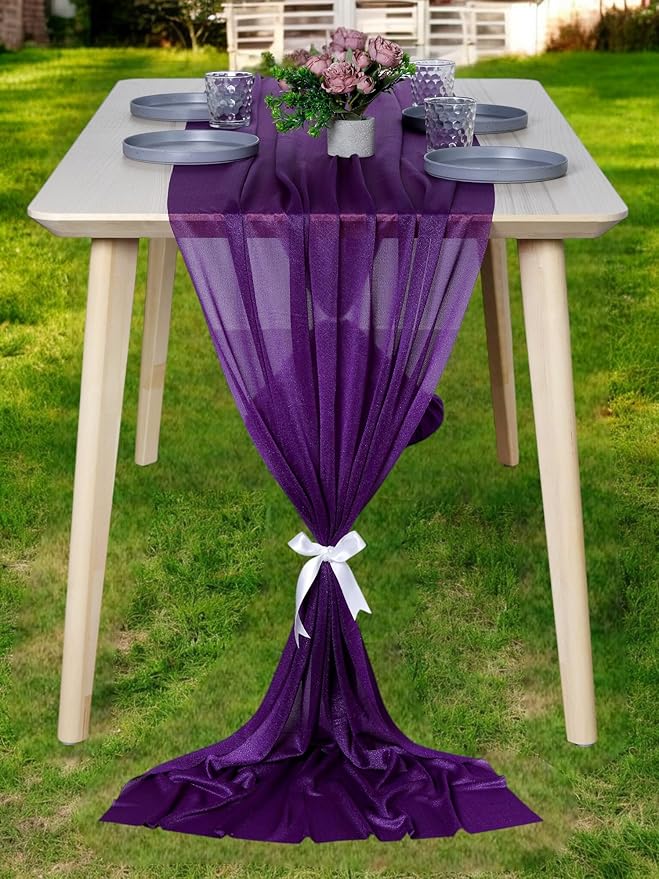 MDS 10 Pack 10ft Chiffon Table Runner 29 x 120 Inches Sheer Wedding Runner Romantic Rustic Table Runner for Wedding Decorations, Birthday Parties, Bridal Shower Party Arch Decor - Cadbury Purple