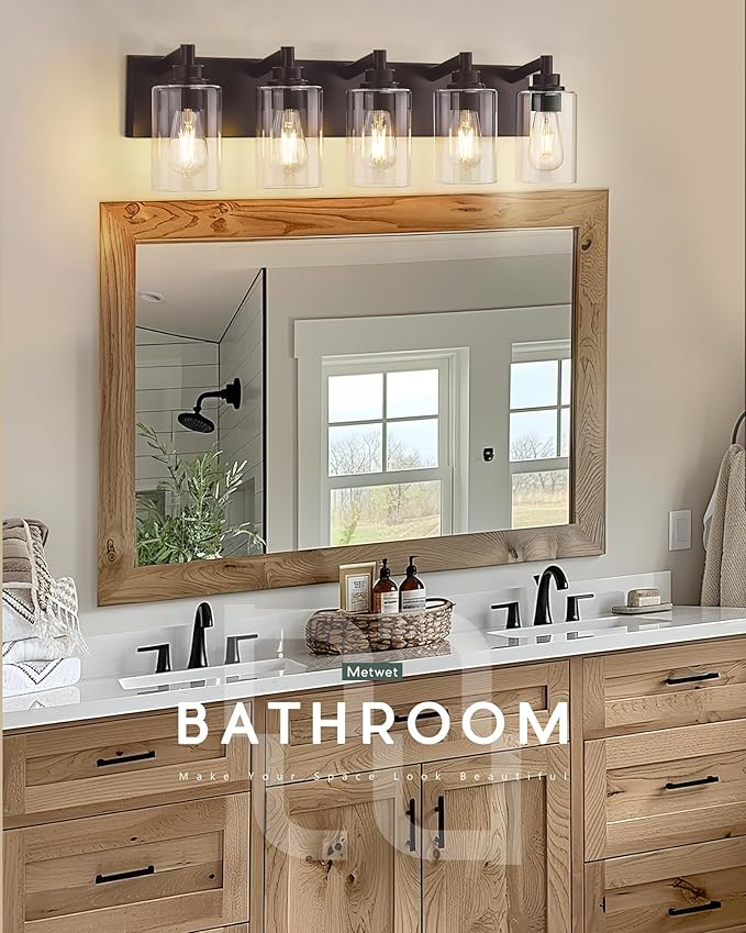 5-Light Bathroom Light Fixtures, 30 Inch Oil Rubbed Bronze Vanity Lights with Cylinder Clear Glass Shade, Modern Vanity Lighting Fixtures Over Mirror, VL143-ORB-5
