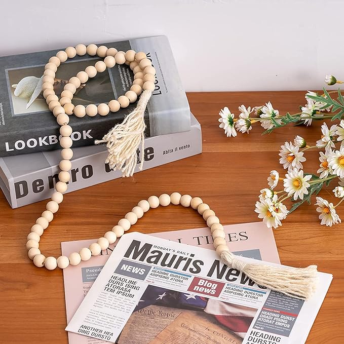 DECORKEY Wooden Beads, 58 Inch Farmhouse Wood Beads Garland for Boho Decor with Tassels, Rustic Country Decor for Coffee Table, Home, Living Room, Bedroom