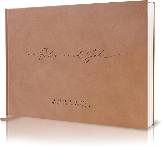 MUUJEE Personalized Guestbook in Old Rose - Premium Custom Modern Guest Book for Wedding Reception, Birthday Party or Events w/Bookmark Blank Pages for Signing 11.5 x 8.5 inches