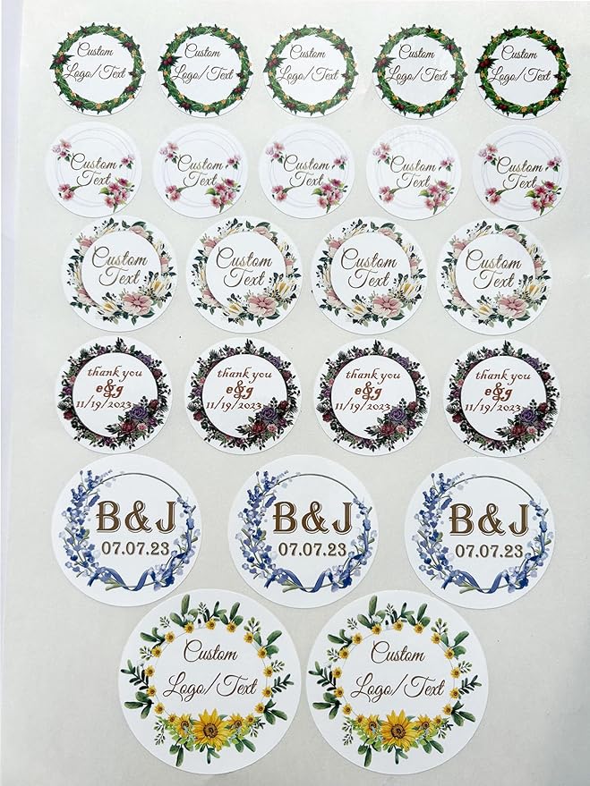 Custom Stickers for Weddings, Birthdays & Businesses - Personalized Labels with Your Logo - Waterproof, Fade and Heat Resistant - Pack of 100-1000 (Wreath S, 3 Inch)