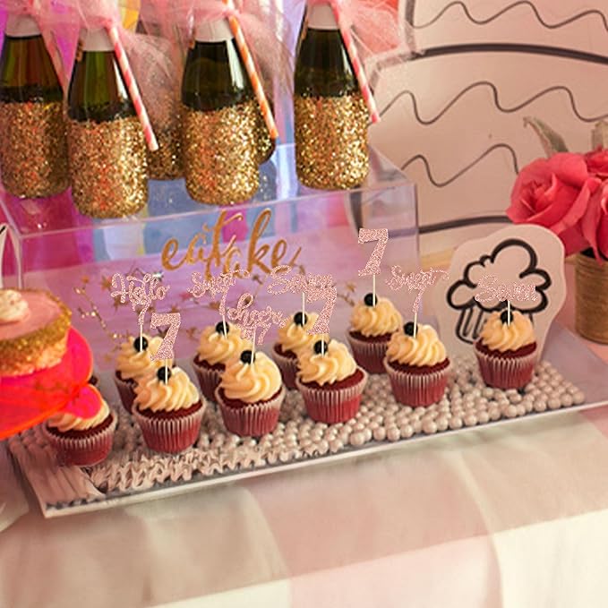 30Pcs 7th Birthday Cupcake Toppers Glitter Seven Happy 7 Cupcake Picks Cheers to 7 Years Old Cake Decorations for 7th Birthday Party Supplies Rose Gold