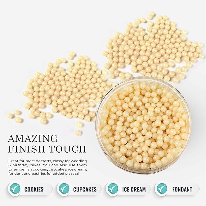 O'Creme Ivory Edible Sugar Pearls Cake Decorating Supplies for Bakers: Cookie, Cupcake & Icing Toppings, Beads Sprinkles For Baking, Certified, Candy Sugar Ball Accents (4mm, 16 Oz)