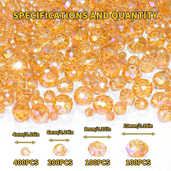 800Pcs 4/6/8/10mm Crystal Glass Beads for Jewelry Making Beads for Bracelets Necklace Pendants Making Supplies(Gold Champagne)