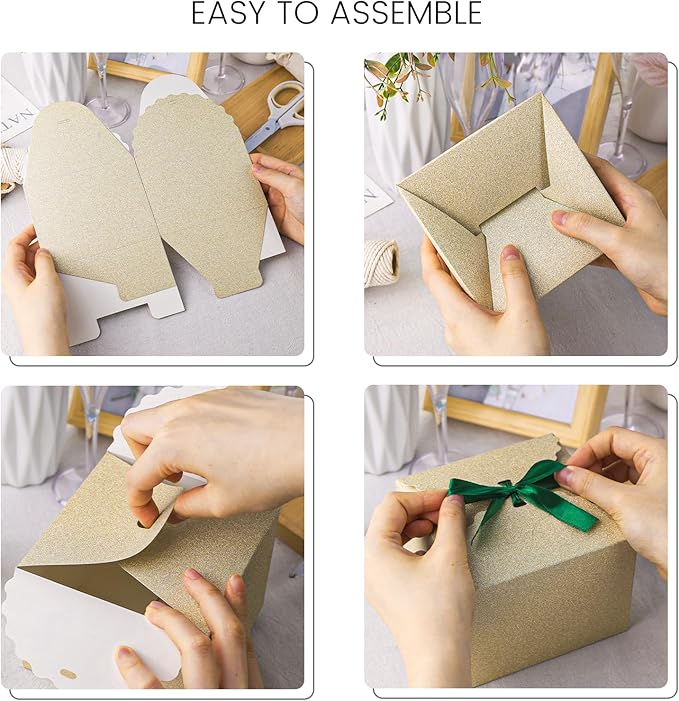 VGOODALL Gold Treat Boxes, Glitter Candy Box with Ribbon Paper Treat Boxes for Wedding Cookie Chocolates Small Gifts