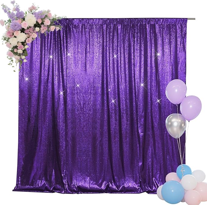 SquarePie Sequin Backdrop Less Transparent Background Sparkly Curtain for Wedding Halloween Party 6FT x 8FT Purple