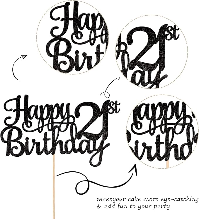 1 PCS Happy 21st Birthday Cake Topper Glitter Cheers to 21 Years Cake Pick 21 Fabulous Cake Decoration for 21st Birthday Party Decorations Supplies Black