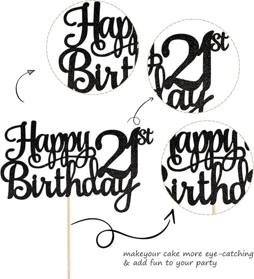 1 PCS Happy 21st Birthday Cake Topper Glitter Cheers to 21 Years Cake Pick 21 Fabulous Cake Decoration for 21st Birthday Party Decorations Supplies Black