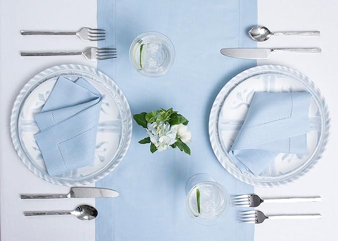 Solino Home Sky Blue Table Runner 90 Inches Long - 100% Pure Linen Hemstitch 14 x 90 Inch Table Runner for Dining, Holiday - Classic Hemstitch