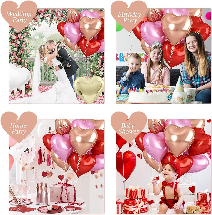 Rose Gold & Pink Heart Balloons - 10 Pcs 18 Inch Foil Heart Shaped Balloons for Girls Women - Red Light - Valentines Day, Birthday, Wedding, Baby Shower, Bridal Party Decorations
