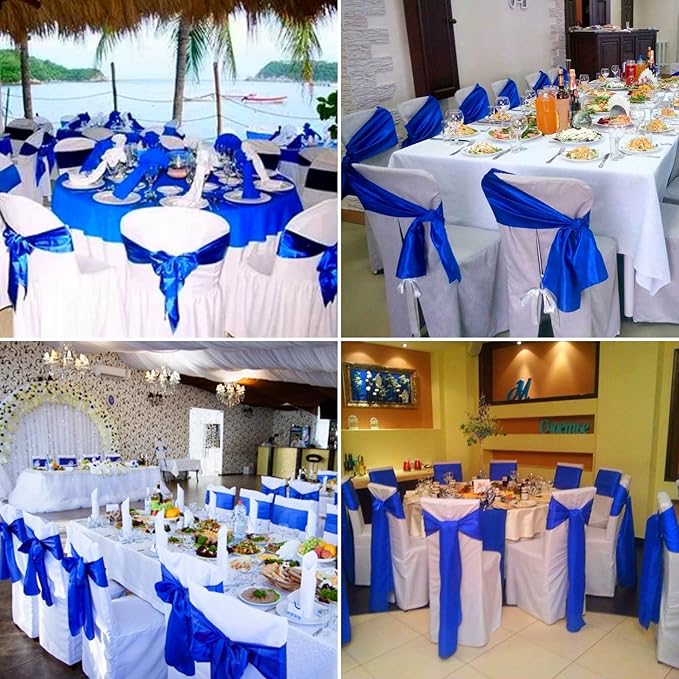 100 PCS Satin Chair Sashes Decorative Bow Satin Chair Sashes Ties Back Ribbon Bows Chair Cover Band for Wedding Party Ceremony Reception Events Banquet Restaurant Kitchen Decor(7X108inch,Royal Blue)