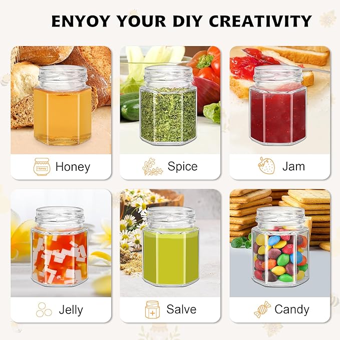 70 Pack 3 oz Mini Hexagon Glass Honey Jars with Dippers, Gold Lids, Bee Stickers, Bee Charms, Gift Bags & Jute– Empty Small Honey Jars for Party Favors Bulk, Ideal for Baby Showers ＆ Weddings