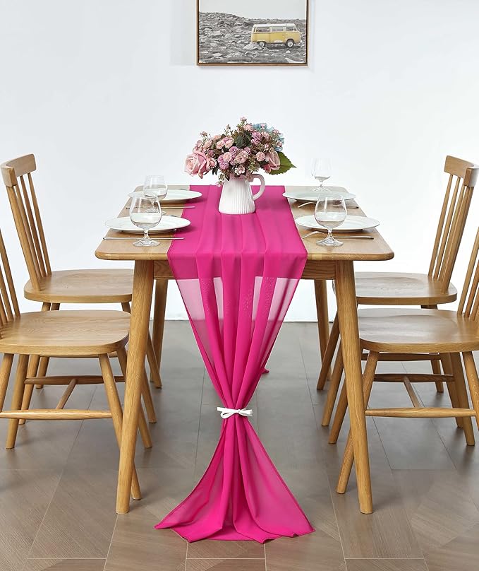 5 Pack 10Ft Fuchsia Chiffon Table Runner Sheer 29x120 Inch for Romantic Wedding Decor Bridal & Baby Shower Birthday Rustic Party Decoration