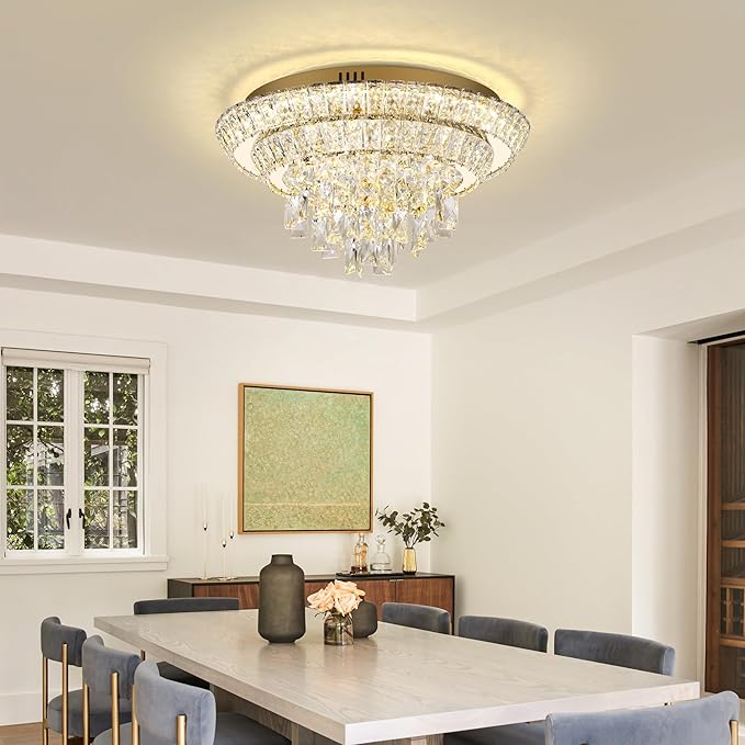 18 inch Crystal Gold Ceiling-Light Flush Mount with Remote Control and APP, 3CCT Dimmable & Brightness Adjustable, Modern Crystal Raindrop Chandeliers for Bedroom Hallway Dinning Room Living Room