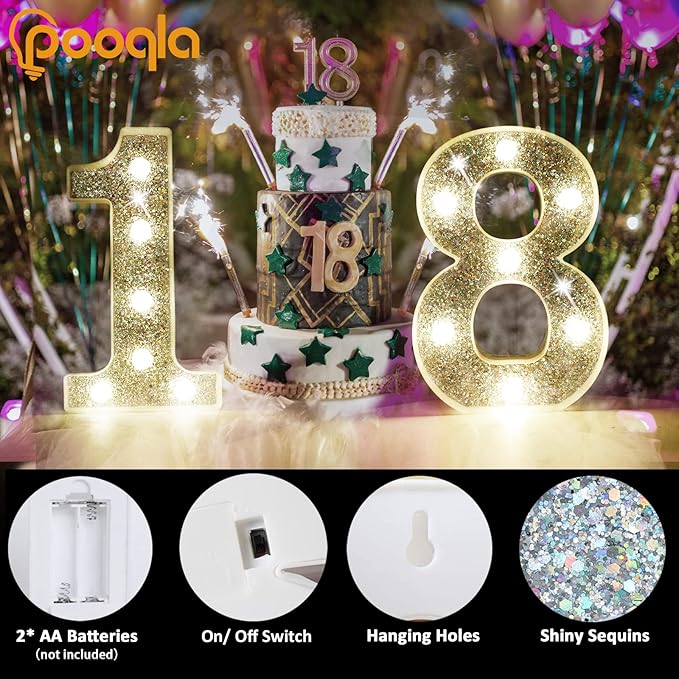 Pooqla Marquee Light up Numbers, Lighted Numbers for 8th Birthday Decorations, Night Light Battery Powered for Silver Party Decorations, Gift for Boys Girls Christmas Wedding Home Room Decoration
