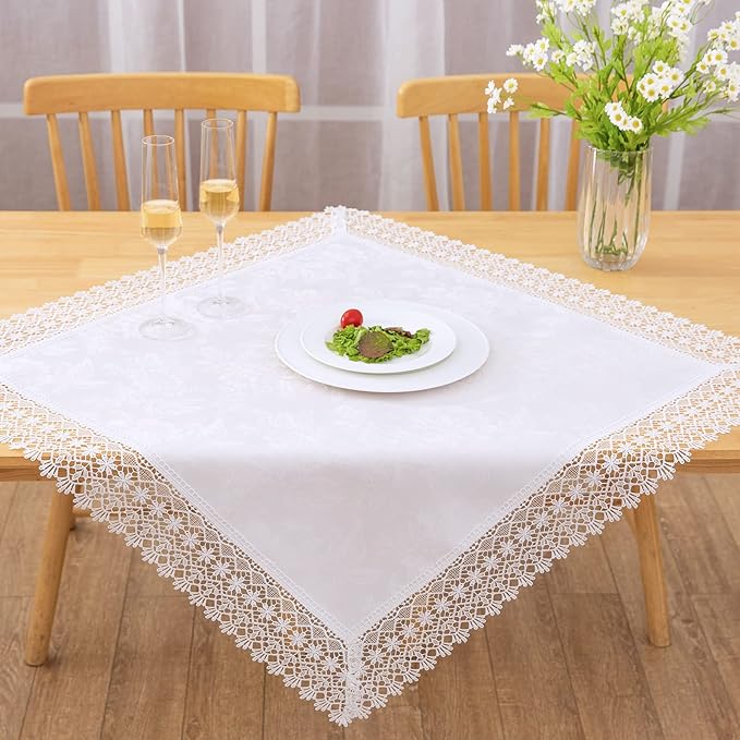 White lace Premium Square Farmhouse Tablecloth Waterproof OilProof SpillProof AntiShrink Soft Wrinkle Resistant Decorative Fabric Table Cover Kitchen Dinning Party Wedding Banquet