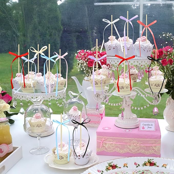 Ephlyn 30Pcs Bow Cupcake Toppers Valentine's Bowknot Ribbons Coquette Bow High Footed Cup Balloon Wall Party Decorations Cake Dessert Picks Baby Girl Birthday Wedding Party Supplies Multi