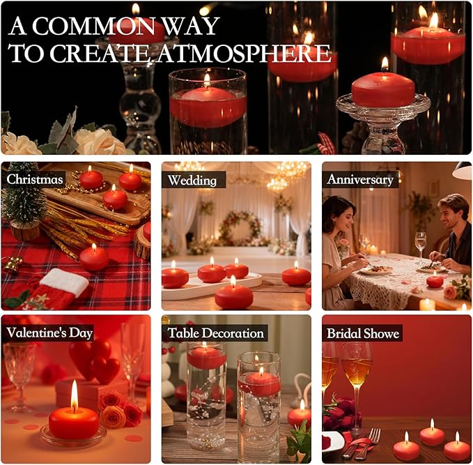 2 inch Red Floating Candles, 36 Pack Unscented Floating Candles for Centerpieces,5-6 Hours Water Activated Candle Bulk for Cylinder Vases Wedding Pool Bathtub