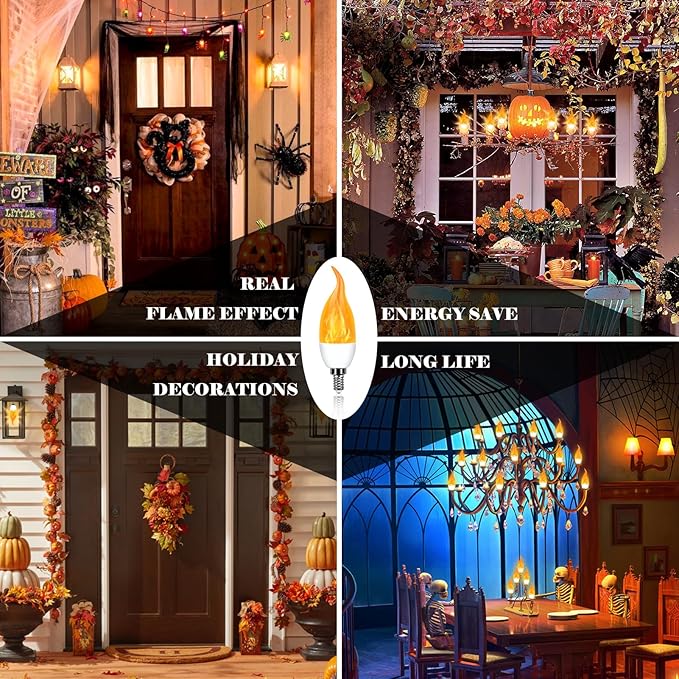 E12 LED Flickering Candelabra Flame Effect Light Bulbs - Upgrade Flicker Candelabra Torch Fire Effect Lights Bulbs for Outdoor Halloween Xmas Holiday Decorations 3W 1400K (8 Pack)