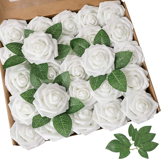 AmyHomie Artificial Flower 50pcs Real Looking Fake Roses w/Stem for DIY Wedding Bouquets Centerpieces Arrangements Party Baby Shower Home Decorations